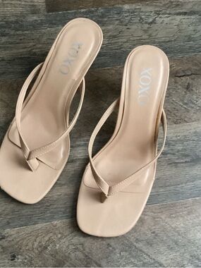 XOXO Nude Square-Toe Thong Slide Heels